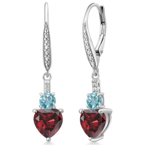 925 Sterling Silver with 3.63 Cttw Red Garnet and Blue Zircon Heart Earrings - Picture 1 of 4